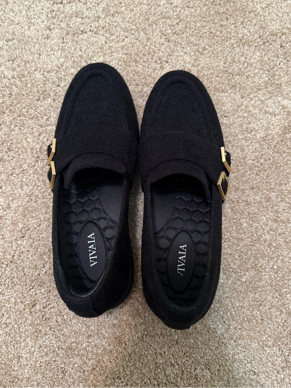 Vivaia Black Slip-On Loafers with Gold Buckle